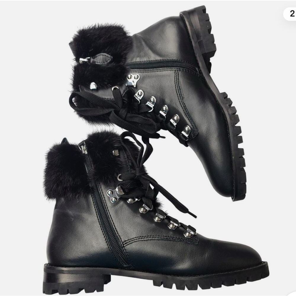 Rebecca Minkoff Jaylin Real Mink Fur-Trimmed Black Lace Up Leather Boots Sz 6.5M